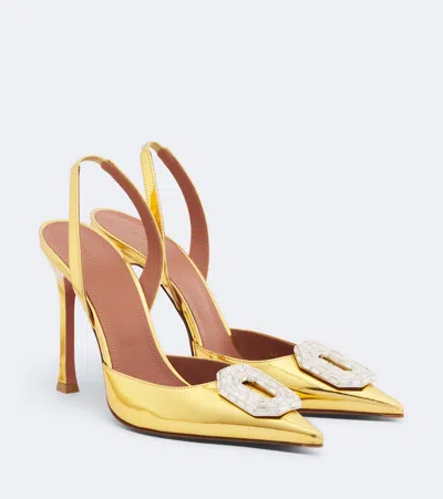 Amina Muaddi Camelia Mirrored Leather Slingback Pumps In Gold