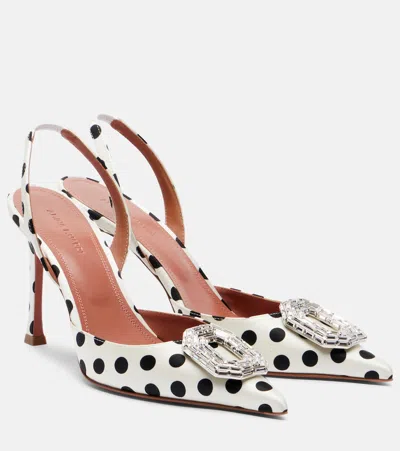 Amina Muaddi Camelia Polka-dot Satin Slingback Pumps In White