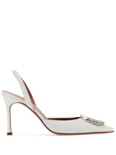 Amina Muaddi Rosie Leather Crystal Bow Slingback Pumps In White