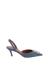 Amina Muaddi Camelia Crystal-embellished Denim-effect Satin Slingback Pumps In Printed Suede Denim