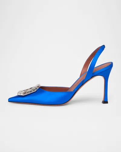Amina Muaddi Camelia Satin Crystal Ornament Slingback Pumps In Blue