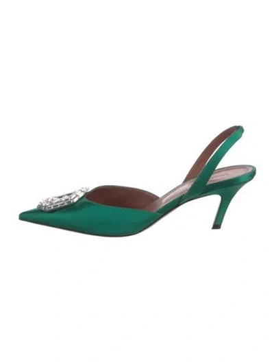 Pre-owned Amina Muaddi Camelia Satin Slingback Pumps In Green