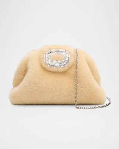 Amina Muaddi Camelia Shearling Crystal Buckle Clutch Bag In Nude