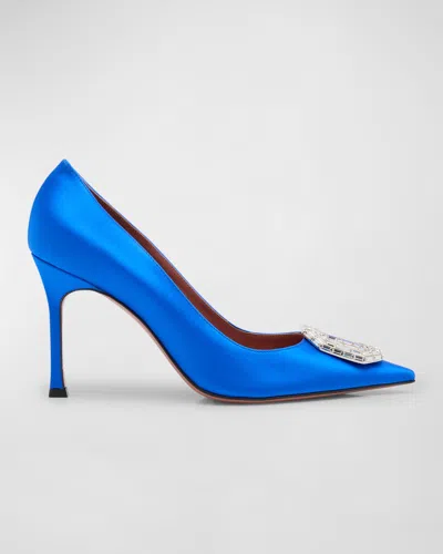 Amina Muaddi Camelia Silk Crystal Halter Pumps In Electric Blue