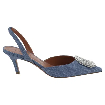 Amina Muaddi Camelia Sling 60 Printed Denim Pumps In Blue