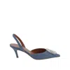 Amina Muaddi Camelia Crystal-embellished Denim-effect Satin Slingback Pumps In Blue