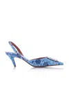 Amina Muaddi Camelia Crystal Buckle Pointed Toe Slingback Pump In Blue