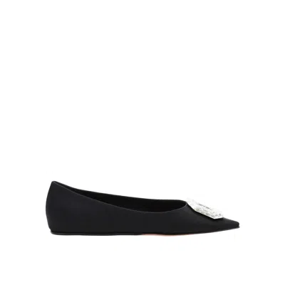 Amina Muaddi Leather Camelia Ballet Flats With Jewel Buckle In Black