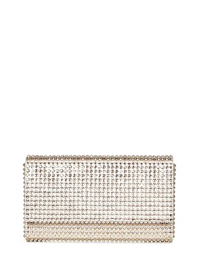Amina Muaddi Champagne Satin Clutch With Crystal Embellishments
