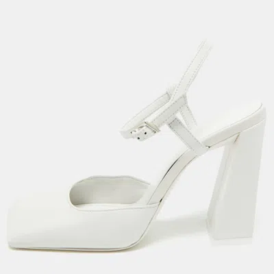 Pre-owned Amina Muaddi Charlotte 95 Size 35 White Leather Ankle Strap Pumps