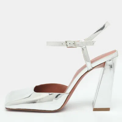 Pre-owned Amina Muaddi Charlotte Size 37.5 Silver Metallic Leather Pumps
