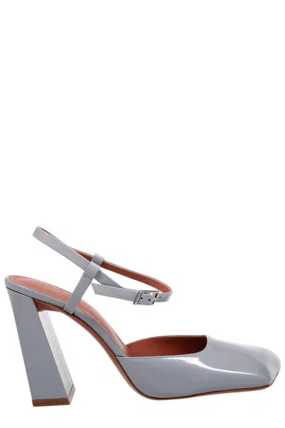 Amina Muaddi Charlotte Square In Patent Steel/silver
