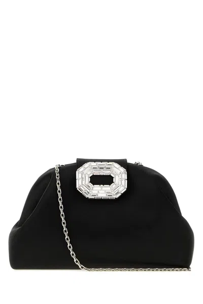 Amina Muaddi Black Satin Camelia Clutch