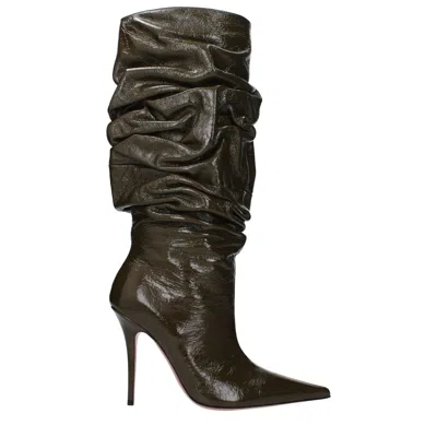 Amina Muaddi Crackled Leather Boot In Green