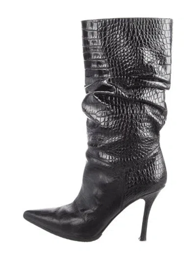 Pre-owned Amina Muaddi Croc Ida Heels Embossed Leather Slouch Boots In Black