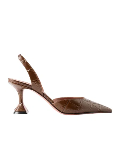 Amina Muaddi Croc-effect Leather Slingback Pumps In Brown