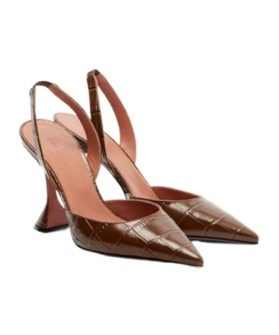 Amina Muaddi Croc-effect Leather Slingback Pumps In Brown