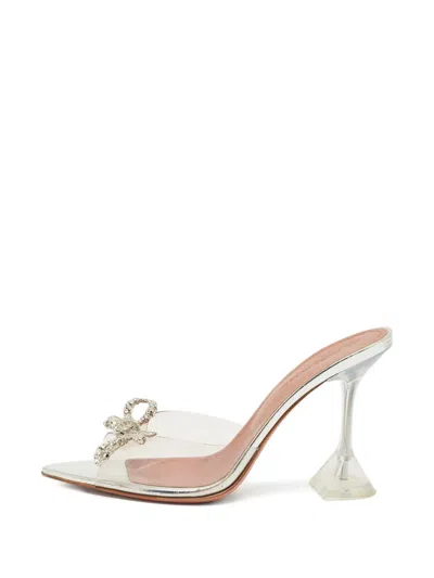 Pre-owned Amina Muaddi Crystal Bow Sandals In Silver