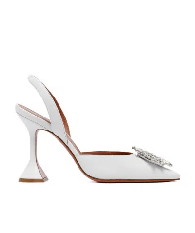 Amina Muaddi Begum Sling 70 Crystal Embellished White Leather Pumps