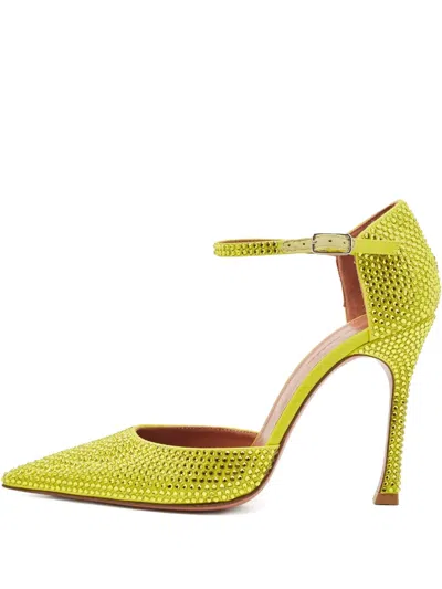 Pre-owned Amina Muaddi Crystal-embellished Satin Pumps In Yellow