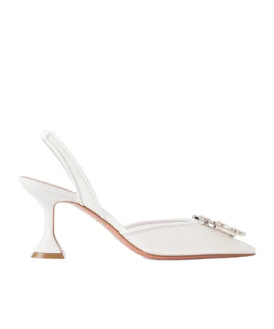Amina Muaddi Crystal-embellished Leather-trimmed Mesh Slingback Pumps In White