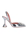 Amina Muaddi Rosie Sling 95 Dark Grey Mirror Patent Pumps In White