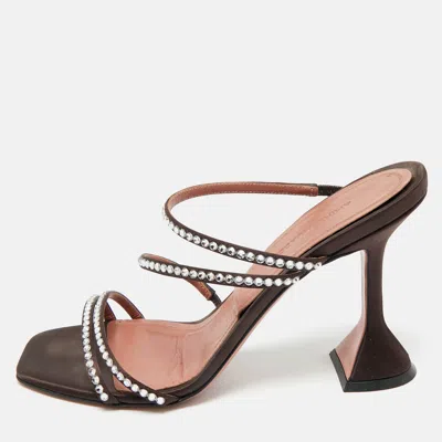 Pre-owned Amina Muaddi Dark Brown Satin Naima Slide Sandals Size 38