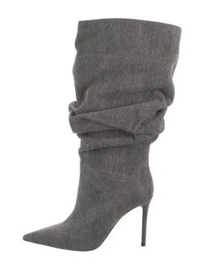 Pre-owned Amina Muaddi Denim Animal Print Slouch Boots In Gray
