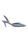 Amina Muaddi Camelia Crystal-embellished Denim-effect Satin Slingback Pumps In Blue