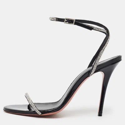Pre-owned Amina Muaddi Diamante Size 37.5 Black Patent Leather Crystal Embellished Ankle Strap Sandals