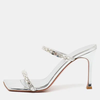 Pre-owned Amina Muaddi Diana Size 39 Silver Patent Leather Crystal Embellished Slide Sandals
