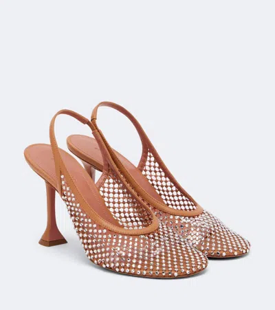 Amina Muaddi Dolly Crystal Embellished Slingback Pumps In Brown