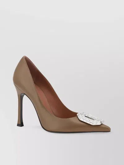 Amina Muaddi Embellished Camelia Stiletto Pumps In Brown