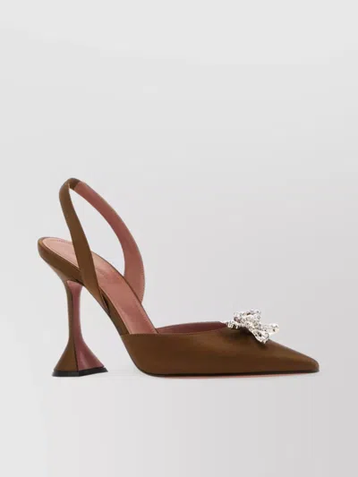 Amina Muaddi Embellished Detail Flared Heel Pointed Toe Pumps In Brown