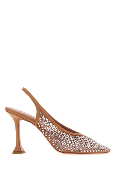 Amina Muaddi Mesh Rhinestone Slingback Mules Pointed Toe In Black