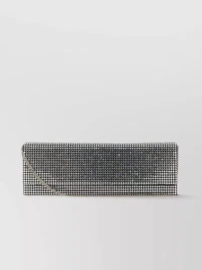 Amina Muaddi Embellished Satin Paloma Clutch With Chain Strap In Silver