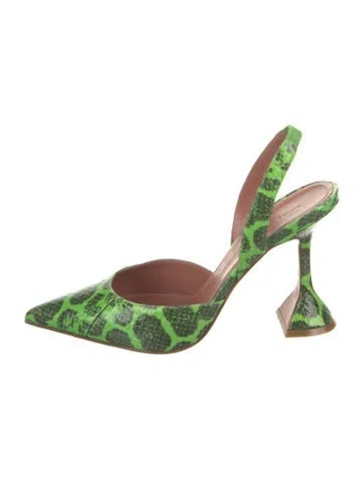 Pre-owned Amina Muaddi Embossed Leather Animal Print Slingback Pumps In Green