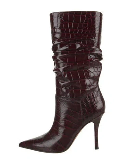 Pre-owned Amina Muaddi Embossed Leather Animal Print Slouch Boots W/ Tags In Burgundy