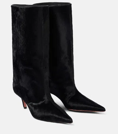 Amina Muaddi Fiona 60 Calf Hair Knee-high Boots In Black