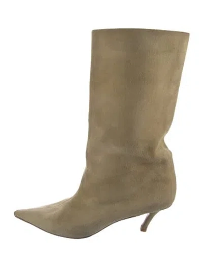 Pre-owned Amina Muaddi Fiona 60 Suede Boots In Neutrals