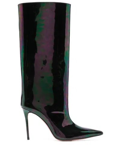 Amina Muaddi Fiona Patent Leather Stiletto Knee Boots In Blue