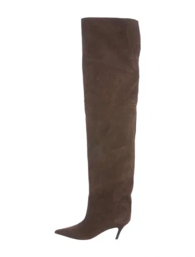 Pre-owned Amina Muaddi Fiona Suede Boots In Brown