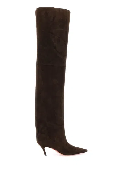 Amina Muaddi Fiona Suede Over-the-knee Boots In Brown