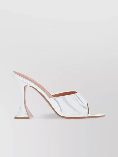 Amina Muaddi Geometric Metallic Mirror Leather Heel Sandals In White