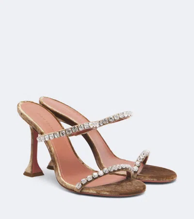 Amina Muaddi Gigi Embellished Velvet Mules In Brown