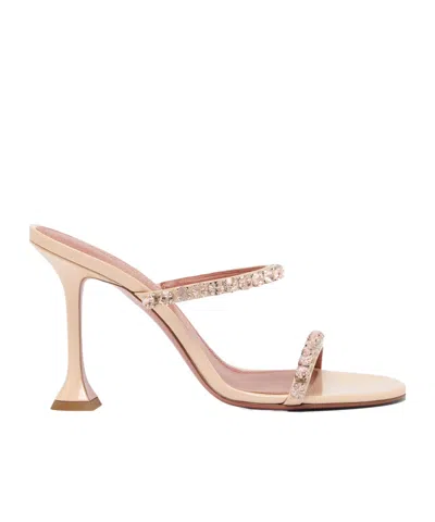 Amina Muaddi Gigi Slipper 95 Pearly Champagne Patent And Gold Quartz Crystals In Multi