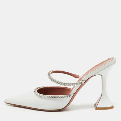 Pre-owned Amina Muaddi Gilda Crystal Embellished Size 38.5 White Leather Mules