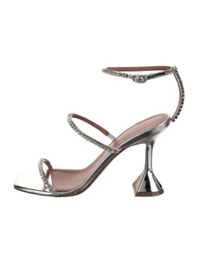 Pre-owned Amina Muaddi Gilda Leather Sandals In Gray