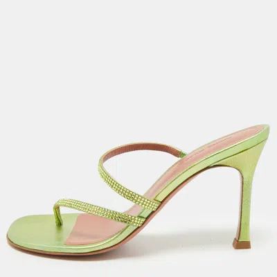 Pre-owned Amina Muaddi Gilda Size 36 Green Leather Crystal-embellished Thong Slide Sandals
