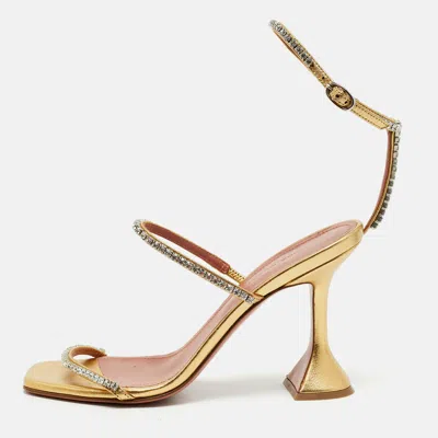 Pre-owned Amina Muaddi Gilda Size 37 Gold Leather Crystal Embellished Ankle Strap Sandals
